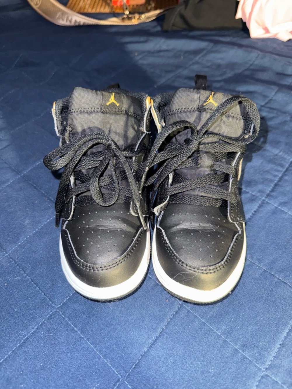 Jordan Kids' Black and White High-Top Sneakers with Gold Jumpman